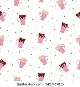 Seamless pattern with cute cups. Kawaii donut cup. Vector illustration dotted background. Fashion pop art print for design. fabric, gift wrap, wall art design, cover, wrapping paper.