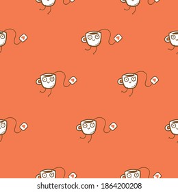 Seamless pattern with cute  cups on pink background. Wallpaper with mugs and tea sachets. Dishes with tastydrink. Cartoon doodle print.