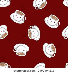 Seamless pattern with cute cups on a cherry background. Tea or coffee pattern