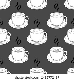 Seamless pattern with cute cups on a gray background. Tea or coffee pattern