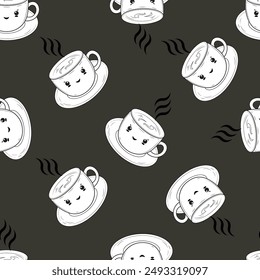 Seamless pattern with cute cups on a gray background. Tea or coffee pattern