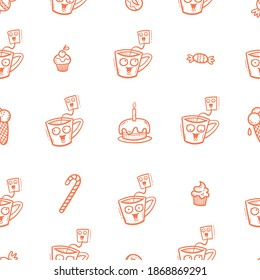 Seamless pattern with cute cups and sweets on white background. Wallpaper with mugs and tea sachets. Dishes with tastydrink. Cartoon doodle print.