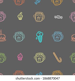 Seamless pattern with cute cups and sweets on dark background. Wallpaper with mugs and tea sachets. Dishes with tastydrink. Cartoon doodle print.