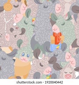 Seamless pattern with cute, curly llamas and alpacas. Vector illustration for children and adults prints