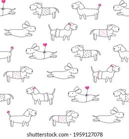 Seamless pattern with cute dachshound dogs. Vector illustration. Small puppies background. Textile, web or wrap paper design