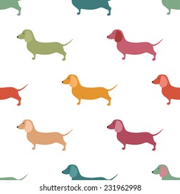 Seamless pattern with cute dachshound dogs. Vector illustration. Small puppies background. Textile, web or wrap paper design