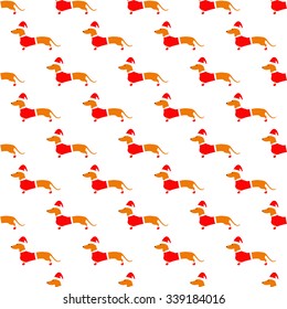 Seamless pattern with cute dachshund in Christmas suit situated in staggered rows on white background. Flat style illustration