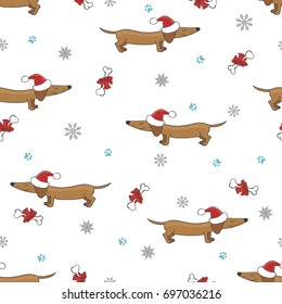 Seamless pattern with cute dachshund in Christmas hat. Vector holiday background. 
