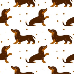 Seamless Pattern, Cute Dachshund Dogs On A White Background. Children's Print, Textile, Vector