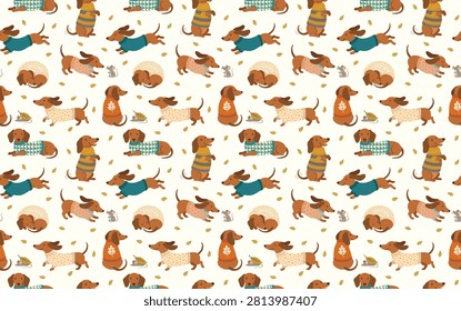 Seamless pattern with cute dachshund dogs wearing cozy sweaters and little mice, hand-drawn vector illustration on light background.