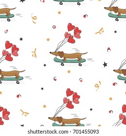 Seamless pattern with cute dachshund and heart balloons. Vector holiday background. Valentines day. 