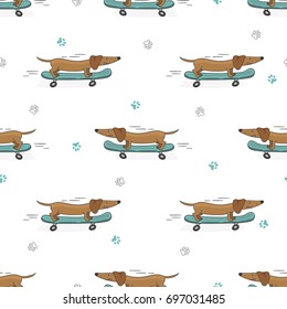 Seamless pattern with cute dachshund on skateboard. Vector background.