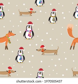 Seamless pattern with cute Dachshund, penguin, fox in simple cartoon style,Winter vector seamless pattern with cute bear and Christmas decorations,Seamless pattern for Fashion print design