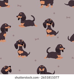 Seamless pattern of cute Dachshund puppies in various playful poses on gray background with bone and dot elements. Ideal for kids apparel pet fabric packaging and wrapping paper.