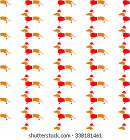 Seamless pattern with cute dachshund in red Christmas suit repeating on white background. Flat style illustration