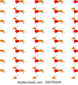 Seamless pattern with cute dachshund in reindeer horns and Christmas suit on white background. Flat style vector illustration