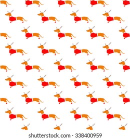 Seamless pattern with cute dachshund in reindeer horns and red Christmas suit situated in staggered rows on white background. Flat style vector illustration