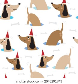 Seamless pattern with cute  Dachshund in simple cartoon style,Winter vector seamless pattern with cute dog and Christmas decorations,Seamless pattern for Fashion print design