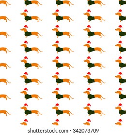 Seamless pattern with cute dachshund wearing Christmas suit, green jersey decorated with red stripes and red Christmas isolated on white background