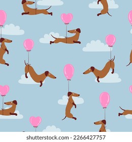 Seamless pattern with cute dachshunds and balloons. Vector cartoon dog illustration svg