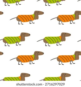 Seamless pattern with cute dachshunds in colorful suits. Fun hand drawn style. Perfect for kids design, fabric, textile, wrapping, stationery, nursery decor. Vector illustration