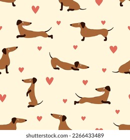 Seamless pattern with cute dachshunds and hearts. Vector cartoon dog illustration