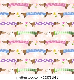 Seamless pattern with cute dachshunds in multicolored clothing