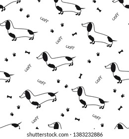 Seamless pattern with cute dachshunds, paws and bones. Vector illustration 