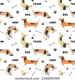 Seamless pattern with cute dachshunds, pets, cute doggy print. Vector.