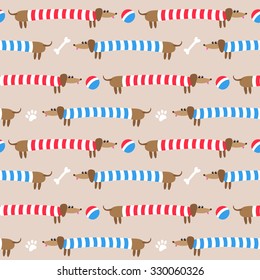 Seamless pattern with cute dachshunds in striped clothing