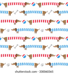 Seamless pattern with cute dachshunds in striped clothing