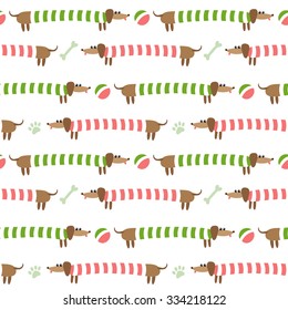 Seamless pattern with cute dachshunds in striped clothing