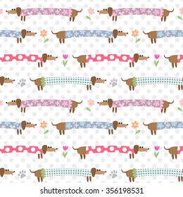 Seamless pattern with cute dachshunds in striped clothing