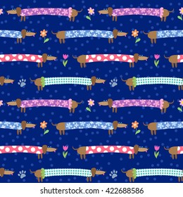 Seamless pattern with cute dachshunds in striped clothing