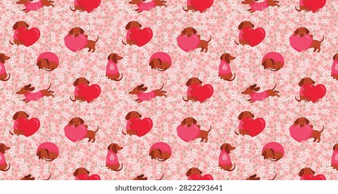Seamless pattern of cute dachshunds in sweaters and sleeping on a pink floral background with red hearts.
