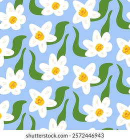 Seamless pattern with cute daffodil flowers. Floral vector flat background in hand drawn naive style