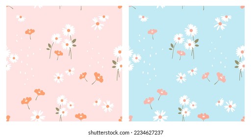 Seamless pattern with cute daisies, green leaves and cherry blossom Sakura flower on pink and blue backgrounds vector illustration. Beautiful floral print.