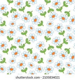 Seamless pattern with cute daisies on a white background. Vector illustration with baby print for clothes, postcards, textiles. Spring field flowers with outline