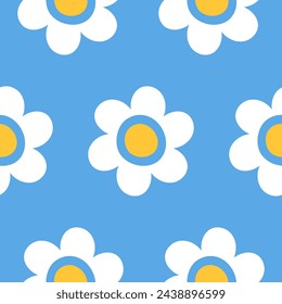 Patrón sin fisuras con margaritas lindas sobre fondo azul pastel. Ingenuo estilo infantil. Fondo minimalista para textil, telas, ropa de bebé, fondos de pantalla. Ilustración de vector