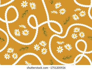 Seamless Pattern of Cute Daisies and Ropes, Floral Background, Fashion Print Design