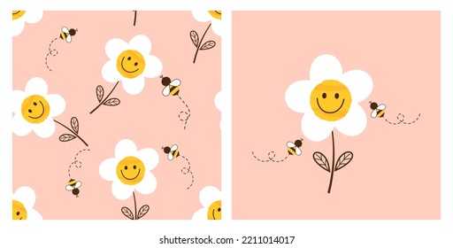 Seamless pattern with cute daisy flower and bee cartoons on orange background. Daisy and bee cartoons vector illustration.