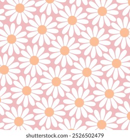 Padrão sem emenda flor margarida bonito Vetor camomila ilustração fundo de pêssego fuzz. Pequenas flores de verão em estilo simples desenho animado doodle perfeito para têxtil, papel de parede, tecido.Vetor ilustração.
