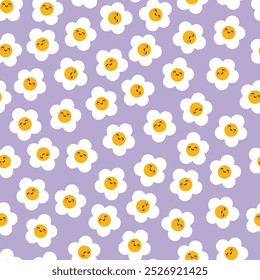 Seamless pattern cute daisy flower Chamomile colorful vector illustration background. Small summer Kawaii face simple cartoon doodle style perfect for textile, wallpaper, fabric. Vector illustration.
