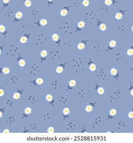 Seamless pattern cute daisy flower Chamomile colorful vector illustration blue background. Small summer flowers in simple cartoon doodle style perfect for textile, wallpaper, fabric. 