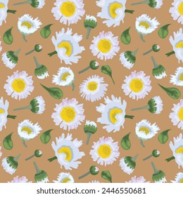 Seamless pattern with cute daisy flowers and leaves on a beige background. Modern abstract illustration with daisy pattern. Abstract ditsy wallpaper. Trendy vintage vector illustration.