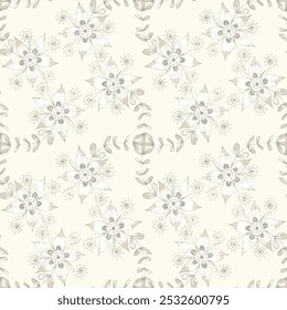  Seamless Pattern with Cute Daisy Flowers and Pansies. Simple Hand Sketching beige and cream theme flower Delicate Texture in Liberty Style for Linen, Textile, Wallpaper. 