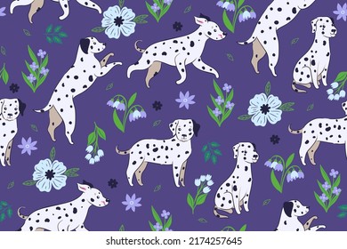 Seamless pattern with cute Dalmatian dogs. Vector graphics.