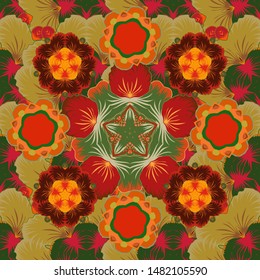 Seamless pattern with cute damask ornament. Pattern for wallpapers, backgrounds, flyers or wrapping paper. Seamless vector yellow, green and red ornament in arabian style.