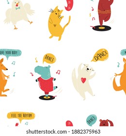 Seamless Pattern With Cute Dancing Animals Hippo, Otter, Chicken, Bear, Cat, Kangaroo. Vector Illustration With Funny Animal Characters.