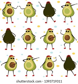 Seamless pattern with cute dancing avocados. Vector illustration